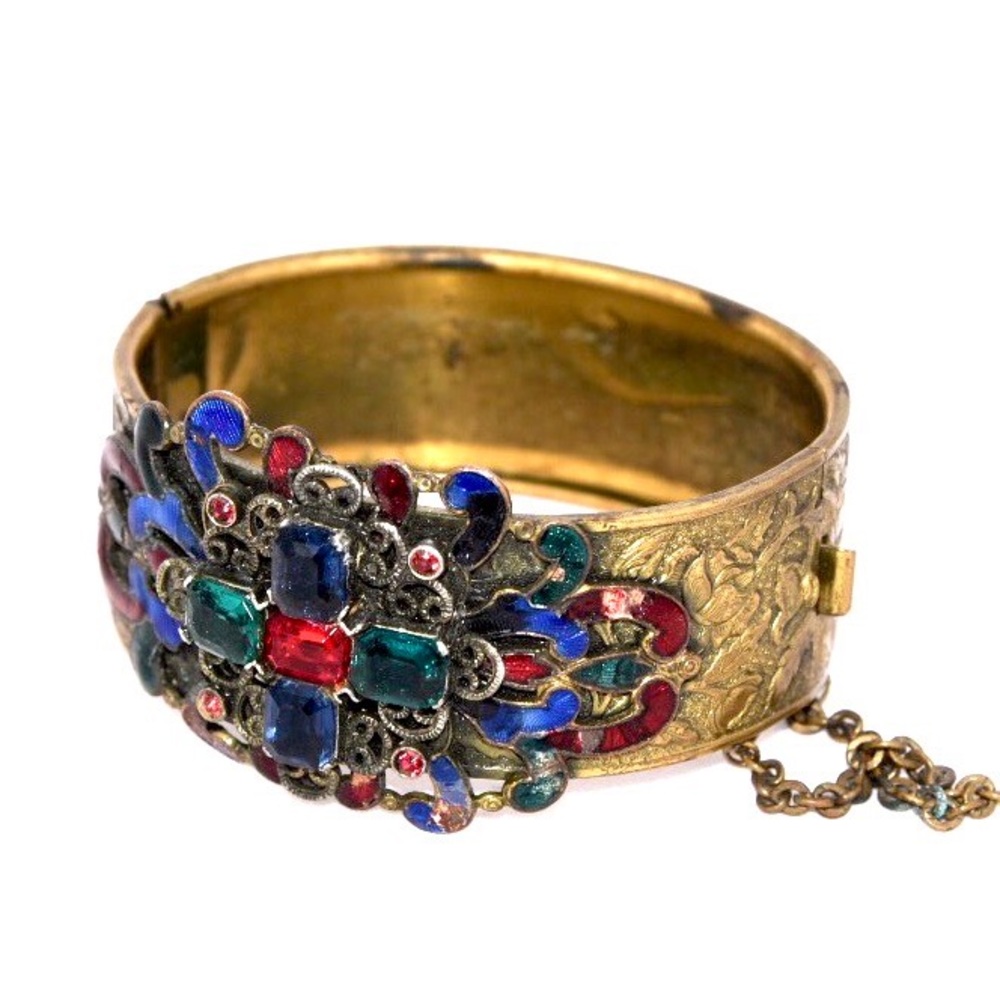 Antique Czechoslovakian Art Glass & Enamel Hinged Brass Bangle Bracelet